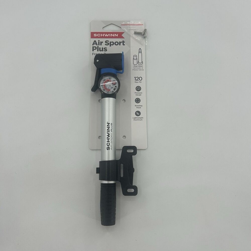 SCHWINN AIR SPORT PLUS BIKE FRAME HAND PUMP, ROTATING PUMP HEAD, PRESSURE GAUGE